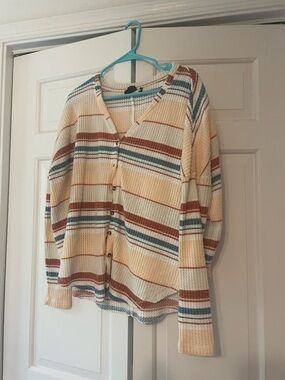 Urban Outfitters Cream/Multi-Color Striped Button-Down Knit Top